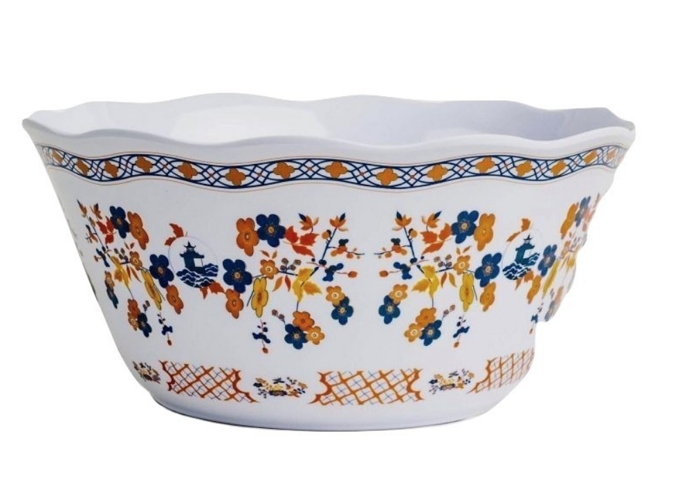 Pagoda and floral melamine mid sized serving bowl (orange and blue)
